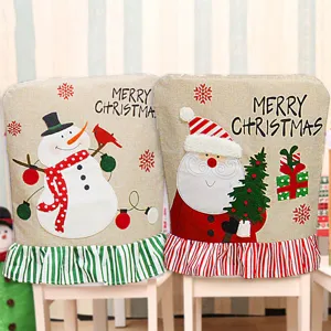 Christmas chair covers set featuring Santa and snowman linen decor for holiday party home.