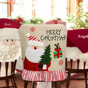 Christmas linen chair cover with Santa Claus print, festive home decor for dining room chairs.