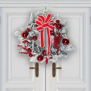 Artificial Flocked Christmas Wreath With Red Bow Pine Cones Berries Ornaments For Front Door Mall Hotel Holiday Decor Garland