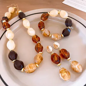 Bohemian Acrylic Geometric Beaded Necklace For Women Vintage Marble Resin Chain Jewelry Fashion Chunky Sweater Chain Bracelet Earrings Jewelry