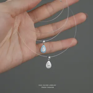 S925 sterling silver teardrop zircon necklace with transparent invisible fishing line design.