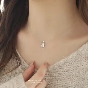 S925 silver teardrop cubic zirconia invisible fishline choker necklace for women elegant jewelry