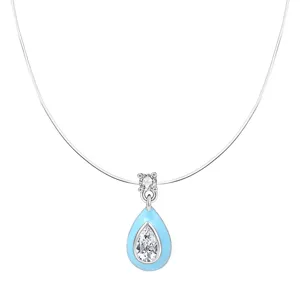 Silver invisible wire necklace with a light blue teardrop cubic zirconia pendant for women
