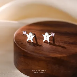 925 Sterling Zilver Peperkoekmannetje Oorknopjes Voor Vrouwen Schattige Cartoon Zirconia Ingelegde Sieraden Kerst Cadeau Accessoires
