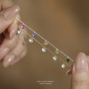 Bracelet manchette pompon zirconiums colorés argent sterling 925 bijoux femme mode