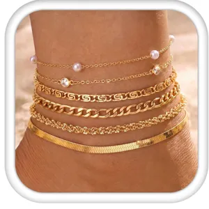 Women Layered Copper Anklet Set Paperclip Cuban Link Chain Anklets With Rhinestone Artificial Pearl Beach Holiday Jewelry