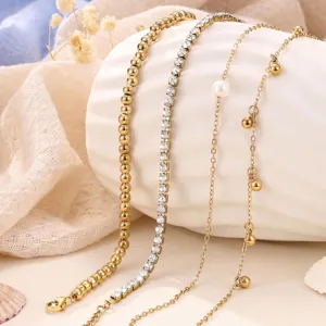 Gold chain anklet set for women, elegant multi-layer beach fashion jewelry accessories.
