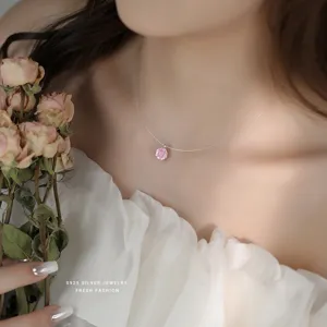 S925 Zilver Roze Zirkoon Transparante Vismijn Halsketting Elegante Dames Sieraden