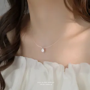 S925 sterling zilveren druppelhanger ketting voor vrouwen, transparante vislijn choker sieraden.