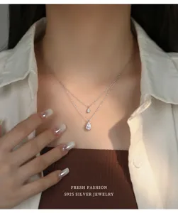 S925 sterling silver double layer teardrop necklace for women sparkling clavicle chain chic.