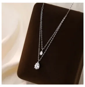 Double layer teardrop necklace sterling silver sparkling crystal clavicle chain for women