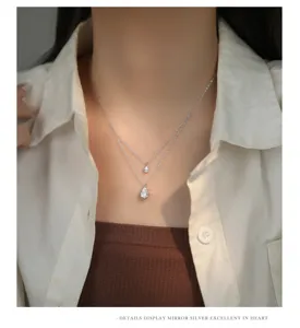 S925 Sterling Silver Double Layer Teardrop Pendant Necklace Elegant Clavicle Chain Jewelry