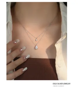 Stunning S925 sterling silver double layer teardrop necklace, elegant clavicle chain jewelry.