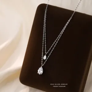 S925 Sterling Silver Double Layer Water Drop Necklace for Women Sparkly Zirconia Pendant Mermaid Tear Clavicle Chain Jewelry