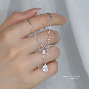 S925 Sterling Silver Double Layer Teardrop Zircon Necklace Fashion Women Jewelry Main