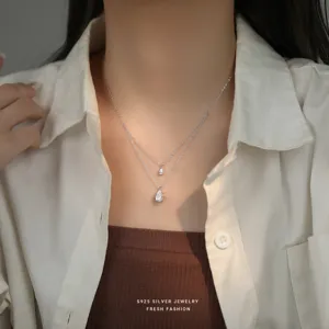 S925 sterling silver double layer teardrop necklace, elegant shining clavicle chain jewelry.