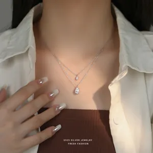 S925 sterling silver double layer teardrop necklace shimmering fashion clavicle chain