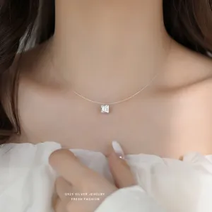 Elegante S925 zilveren vierkante zirkonia transparante vislijn sleutelbeen ketting dames