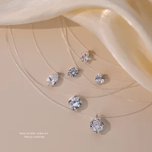 Sterling zilveren onzichtbare vislijn ketting set met prachtige zirkon hangend.