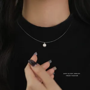 Exquisite S999 zilveren parel onzichtbare vislijn ketting voor vrouwen, minimalistisch.