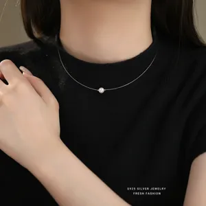 Delicate S925 zilveren enkel parel onzichtbare vislijn halsketting voor vrouwen sieraden
