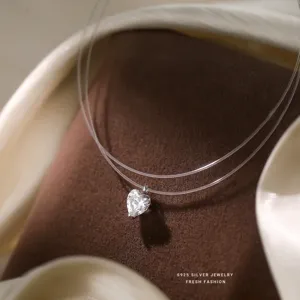 Delicate 925 zilveren hart zirkoon onzichtbare vislijn halsketting voor dames elegante sieraden.
