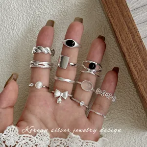 925 Sterling Zilver Minimalistisch Open Ring Voor Dames Verstelbaar Geometrisch Strass Kunstparel Vingerring Sieraden