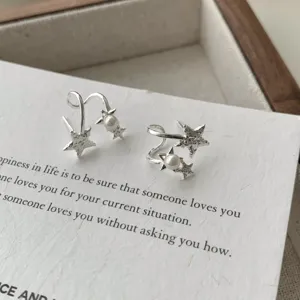 S925 sterling silver star pearl earrings, trendy Korean style chic aesthetic design jewelry for women.