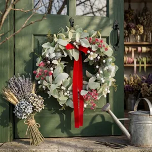 Christmas artificial wreath with red velvet bow rabbit ear leaves and berries for holiday decor