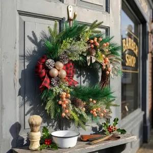 Christmas pine wreath with red black plaid bow pinecones and berries for door holiday home decor