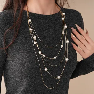 Close-up detail view of the vintage multi-layer pearl sweater chain necklace for women.