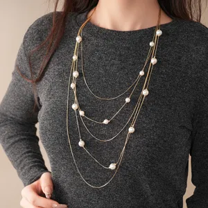 Vintage multi-layer gold chain pearl sweater necklace detail elegant fashion jewelry for women