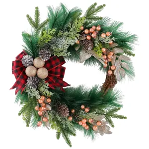 Christmas wreath with red black plaid bow pine cones berries for front door holiday decor