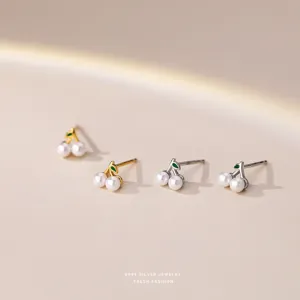 S999 Silber Perle Kirsche Ohrstecker für Damen, süßer minimalistischer koreanischer Stil.