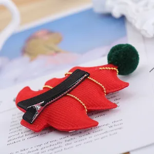 Pinza de pelo de árbol de navidad para niños, horquilla roja de tela con pompón verde.