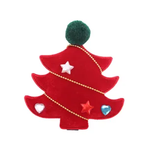Pinza para el pelo de árbol de navidad para niños, horquilla roja de terciopelo con pompón.