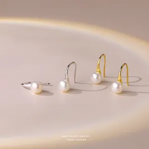 S925 sterling silver minimalist pearl hook earrings, elegant fashion jewelry for women daily wear.
