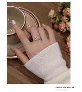 S925 sterling silver antler open ring, minimalist fashion geometric jewelry for women daily wear.