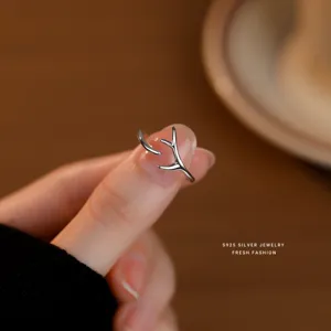 S925 silver deer antler ring for women, minimalist adjustable open band fashion jewelry gift.