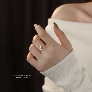 S925 Sterling Silver Antler Ring Minimalist Adjustable Open Finger Jewelry Gift for Women