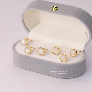 Boucles d'oreilles clous geometriques en argent S925 pierre oeil de chat bijoux elegants