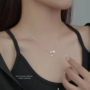 Mooi S925 Sterling Zilveren Kattenoog Strik Ketting Zirkoon Hanger Choker Sieraden