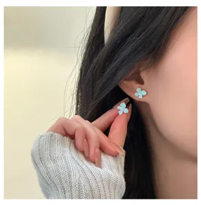 Mint green epoxy flower stud earrings sterling silver sweet forest style cute jewelry details