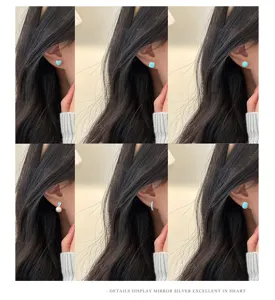Mint green epoxy sweet ear studs and drop earrings set, versatile sterling silver jewelry.