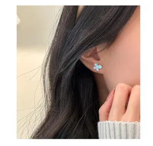 Elegant mint blue clover stud earrings, 925 sterling silver minimalist sweet floral jewelry.
