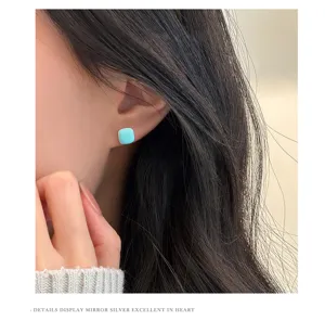 Mint green epoxy square stud earrings with s925 silver for sweet daily wear and stylish look.