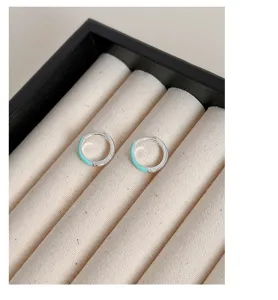 Mint green enamel silver hoop earrings, minimalist small huggie earrings for women daily wear.