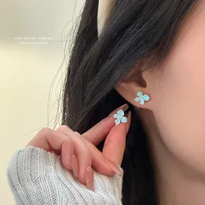 Mint green enamel flower stud earrings for women, S925 sterling silver sweet minimalist style.