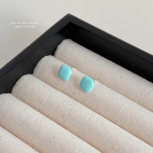 Mint green square enamel stud earrings, s925 sterling silver minimalist cute ear jewelry.