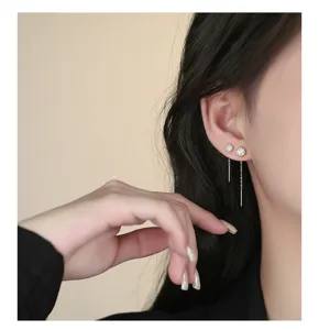 Sterling silver zircon tassel ear thread for women, elegant minimalist minimalist jewelry detail.